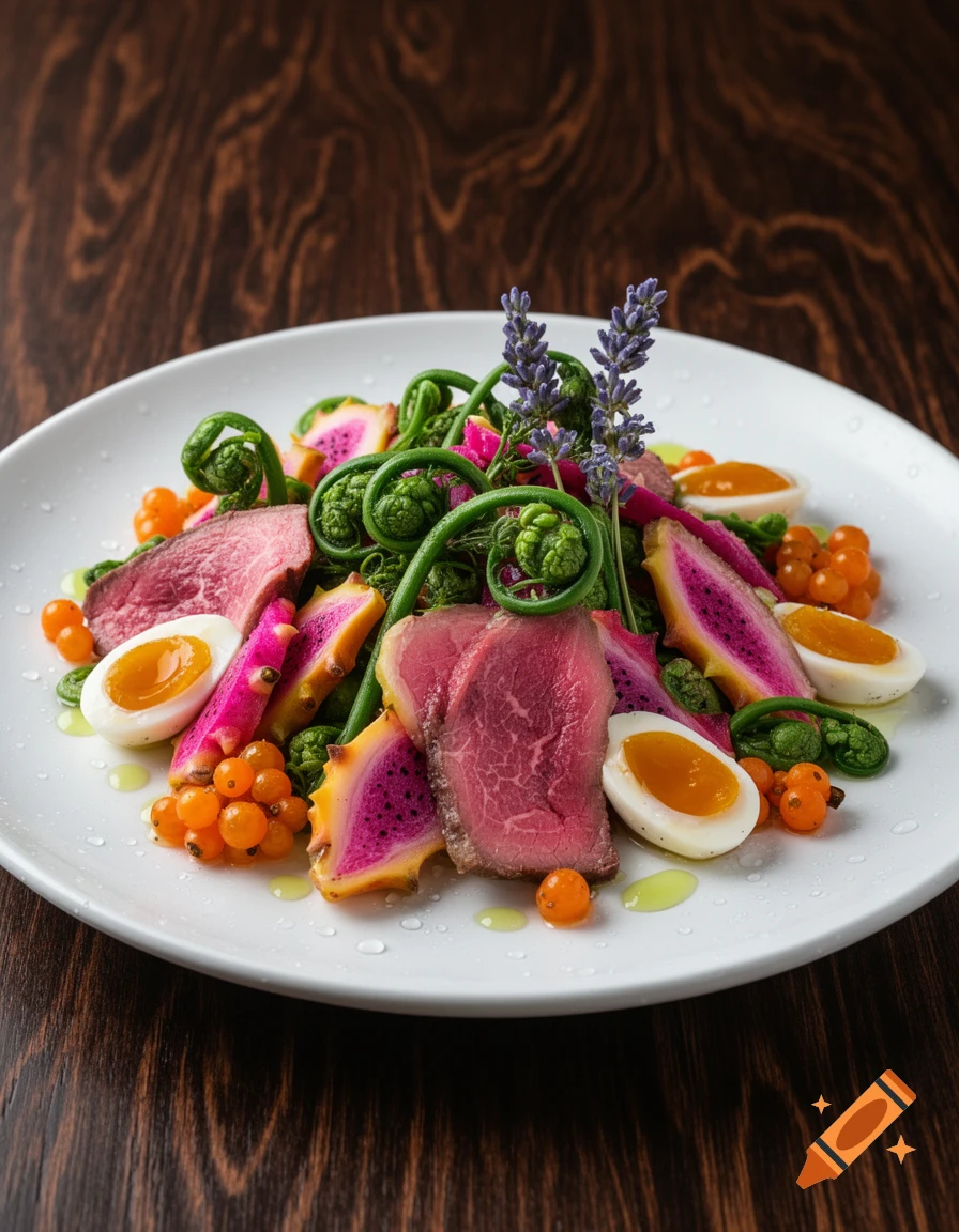 A gourmet salad with rare meat, fiddlehead ferns, dragon fruit, soft-boiled eggs, orange berries, and lavender on a white plate.