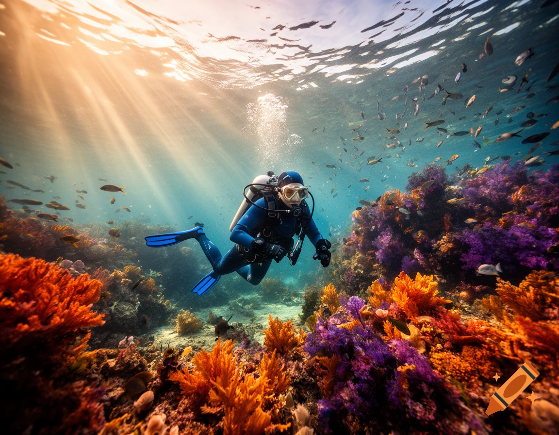 A scuba diver explores a vibrant coral reef, with schools of fish and sun rays piercing the clear blue water.