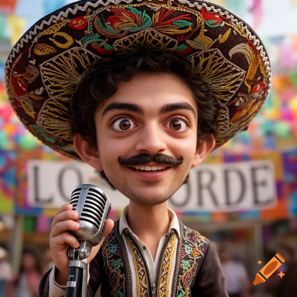 A cartoonish man with big eyes, a mustache, and a sombrero holds a vintage microphone against a colorful, festive background.