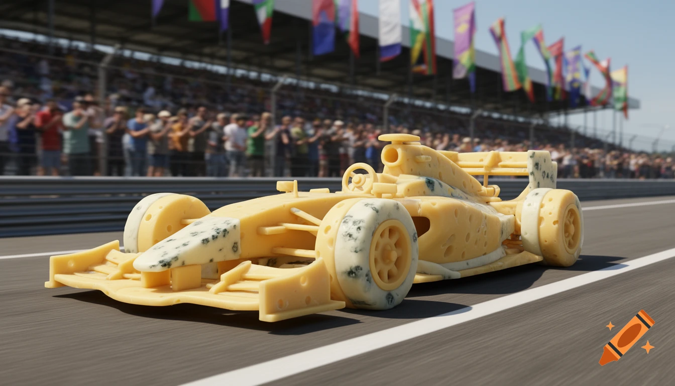 A photorealistic race car made entirely of various cheeses sits on a starting line at a sunny track with a blurred crowd and flags.