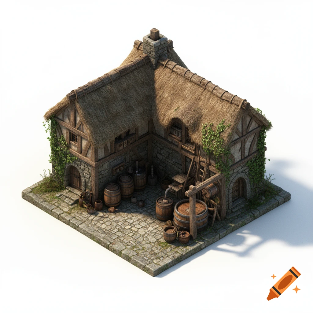 Isometric 3D render of a medieval brewery with a thatched roof, stone walls, and wooden barrels on cobblestone.