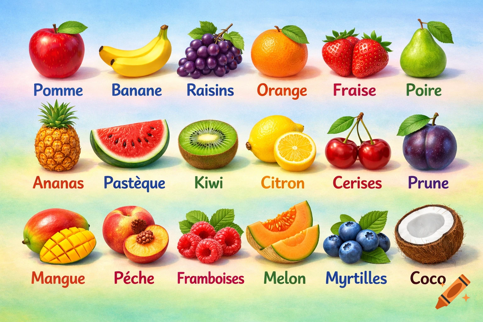 Educational chart displaying 18 different fruits, each labeled with its name in French, on a vibrant gradient background.
