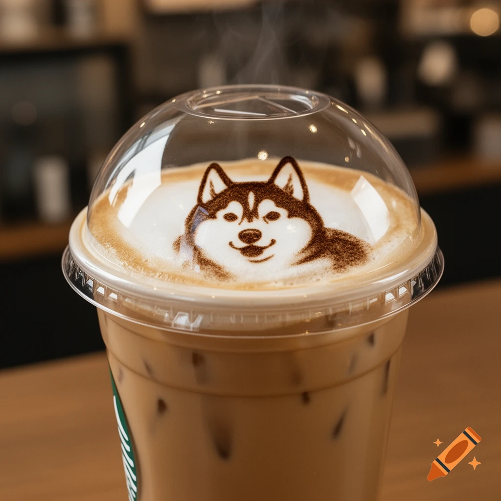 A close-up of an iced coffee with a husky face in latte art, served in a clear plastic cup.