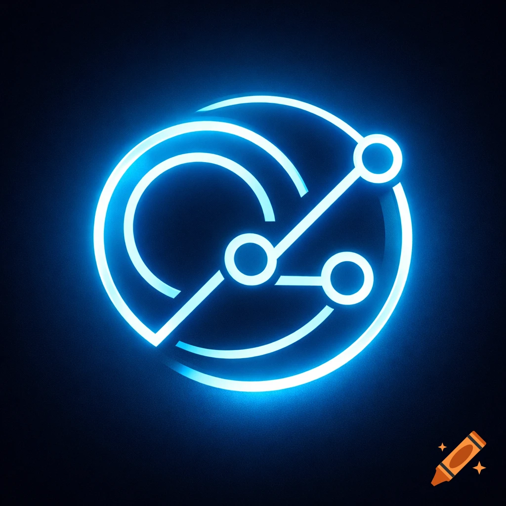 Abstract blue neon logo with glowing lines and circles on a dark background.