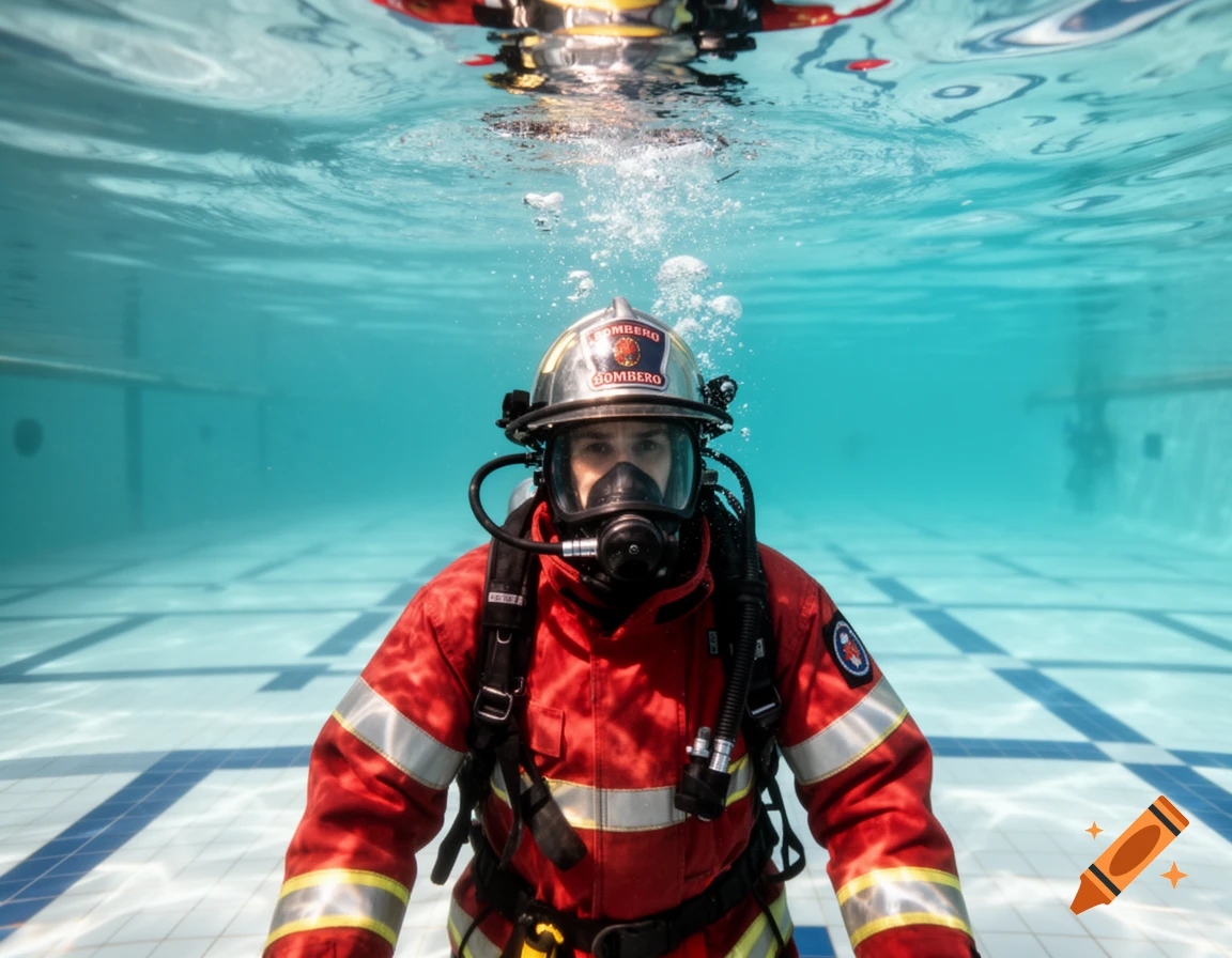 Photorealistic image of a firefighter in full gear and scuba mask underwater in a clear blue swimming pool.