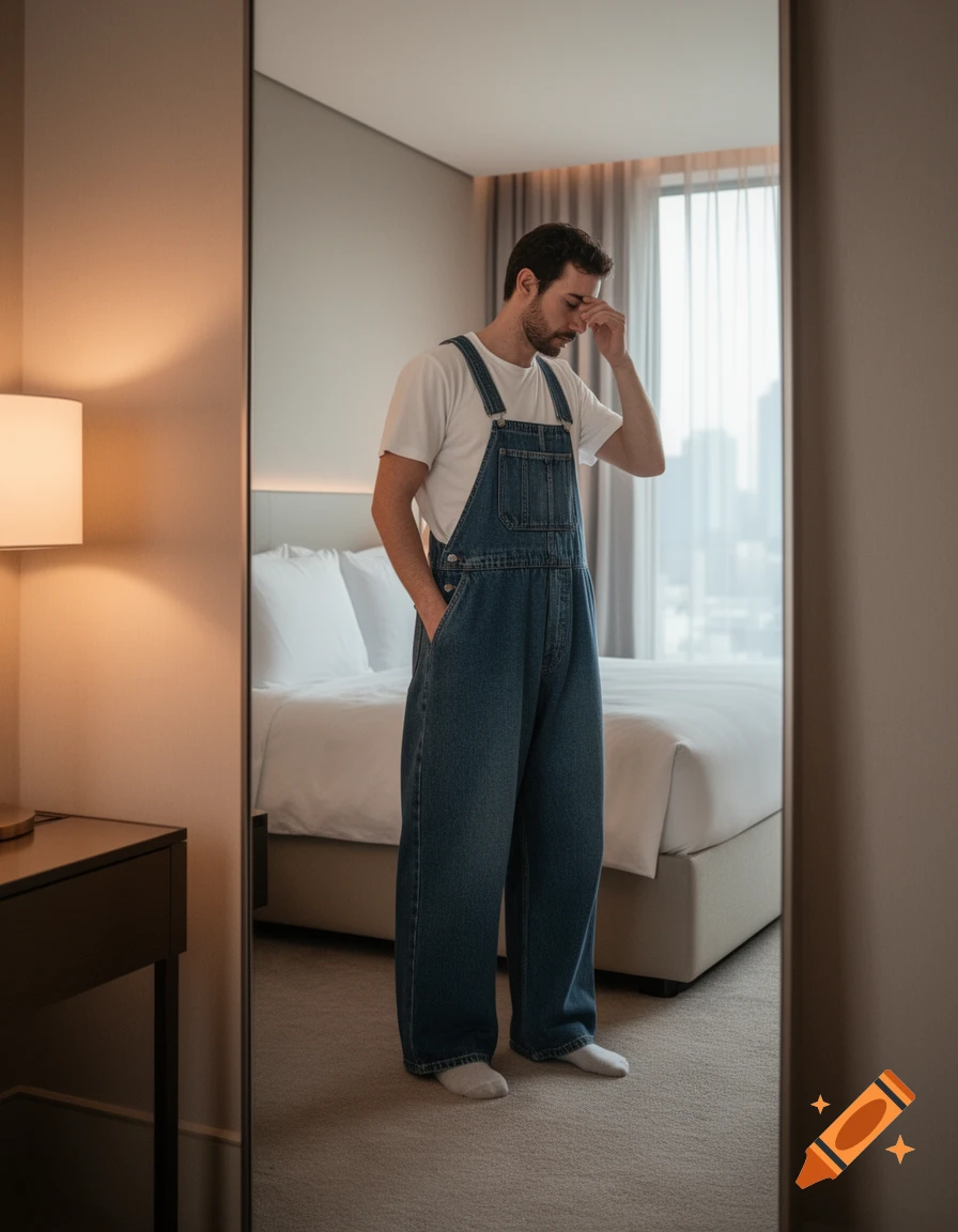 A man in oversized denim overalls and a white t-shirt stands in a hotel room, looking down with his hand on his forehead.