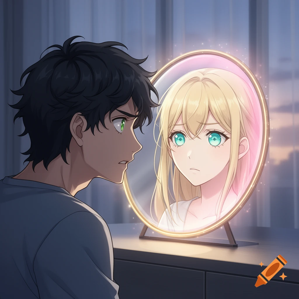 Anime man with green eyes looking into a glowing mirror reflecting an anime woman with blue eyes, indoors at dusk.