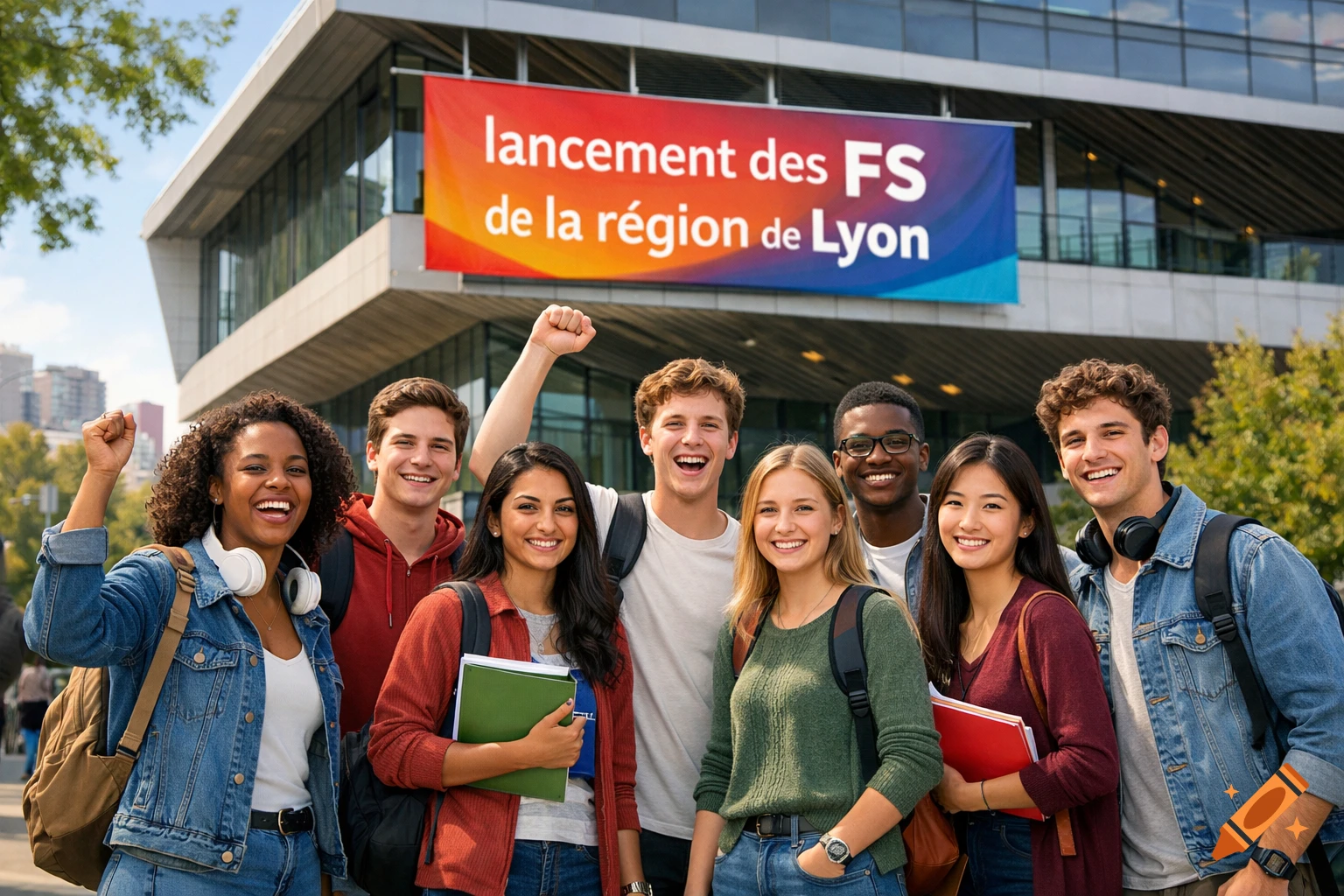 A diverse group of smiling students raising their fists in front of a modern university building with a banner.