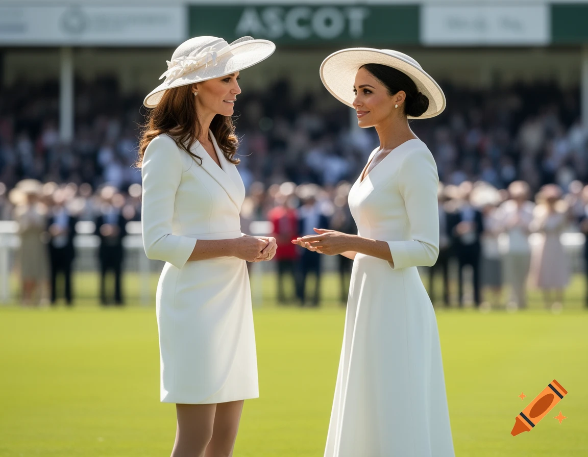 Kate Middleton and Meghan Markle in white dresses and large hats, conversing outdoors at the Ascot Racecourse.