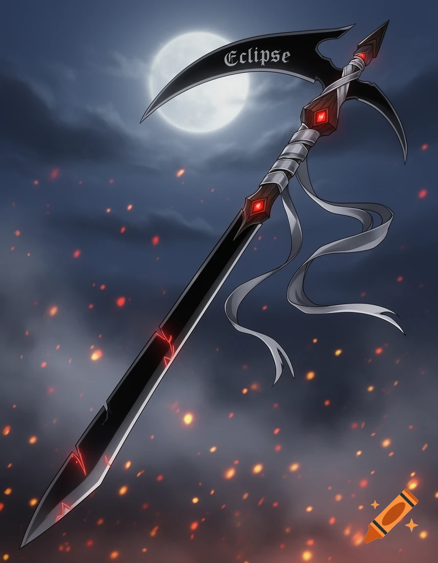 Anime illustration of a black fantasy scythe with 'Eclipse' on the blade, glowing red accents, and ribbons, against a full moon and dark sky with embers.