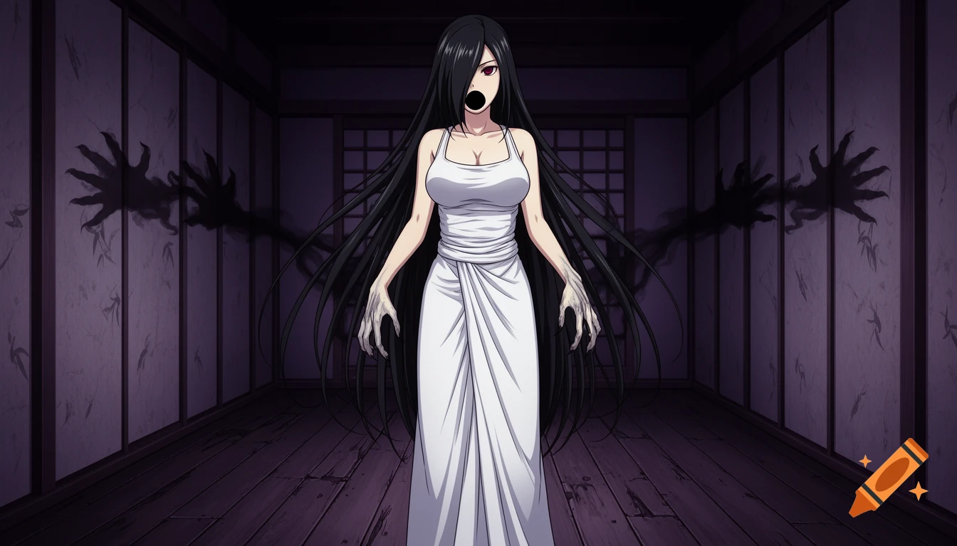 An anime ghost woman with long black hair, a gaping black mouth, and clawed hands stands in a dark Japanese room with shadow hands on the walls.