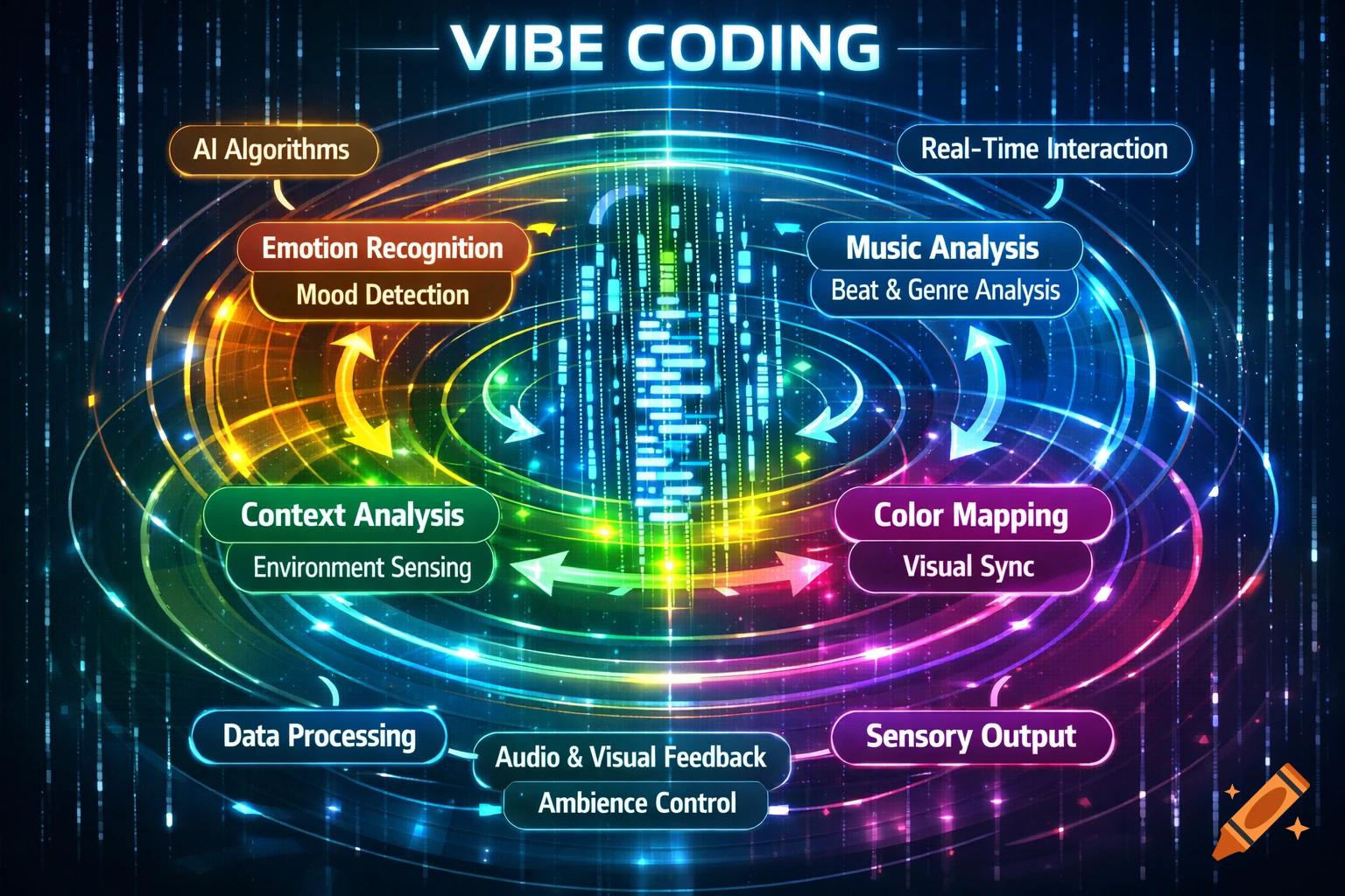A futuristic, colorful diagram illustrating the 'VIBE CODING' process with interconnected concepts and arrows.