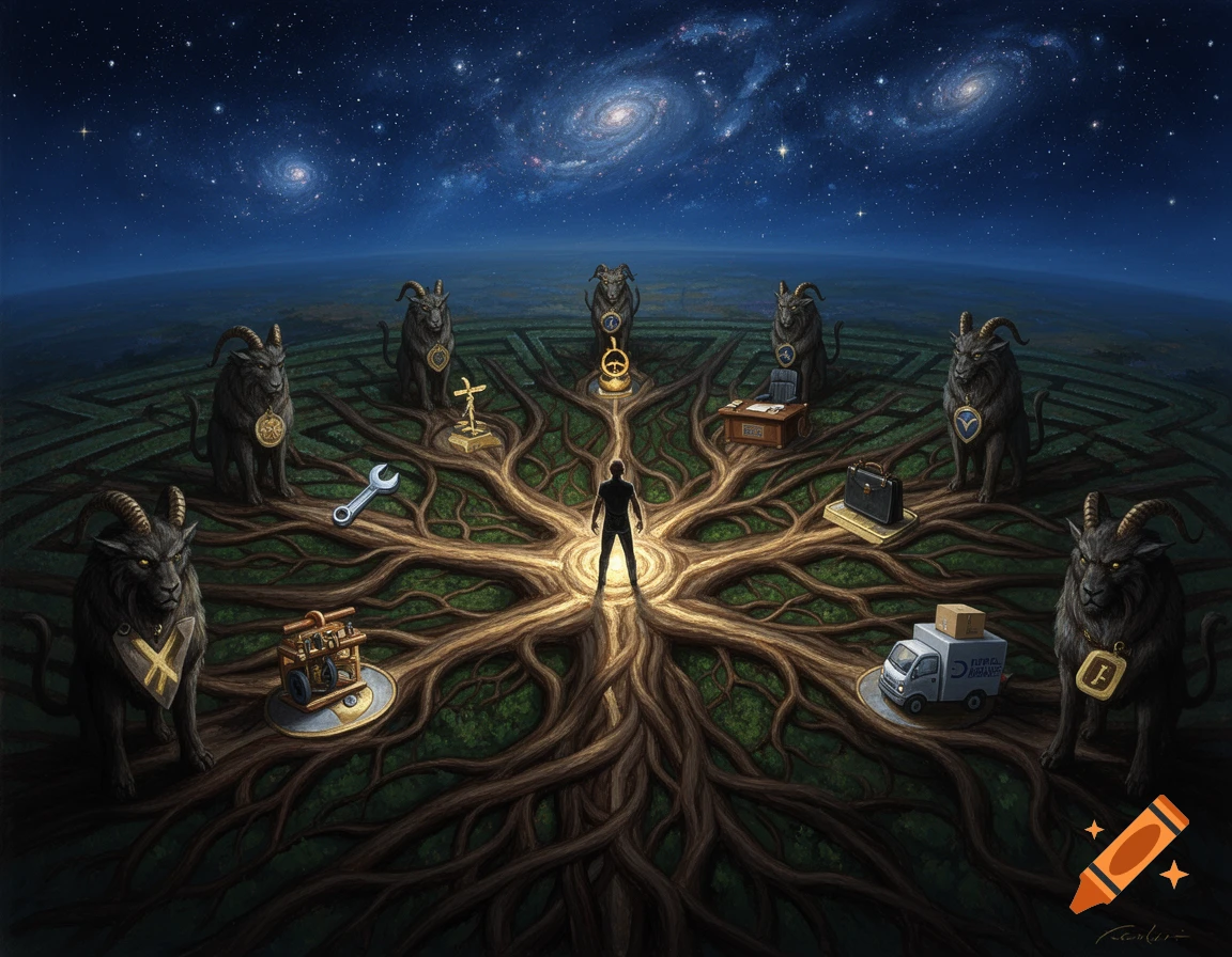 A man stands on glowing roots under a starry sky, surrounded by dark horned creatures and objects symbolizing different life paths in a dramatic fantasy painting.