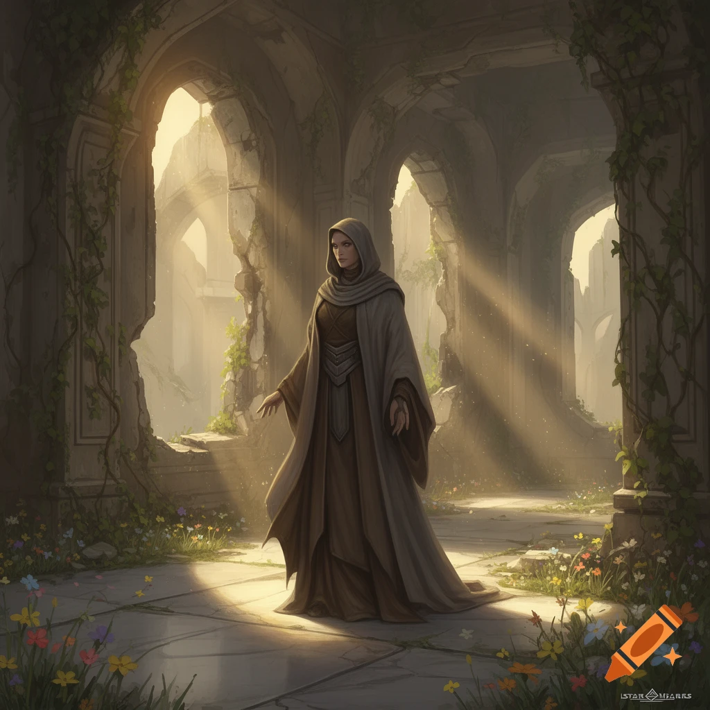 A robed figure stands in sunlit ancient ruins overgrown with vines and wildflowers, in a fantasy art style.