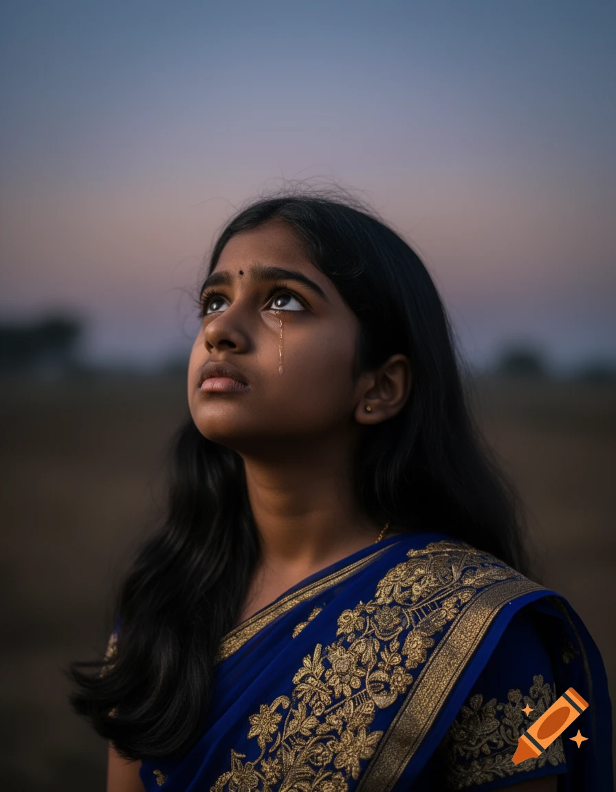 A young Indian girl with tears in her eyes looks upwards, wearing a blue and gold embroidered sari against a soft twilight background.