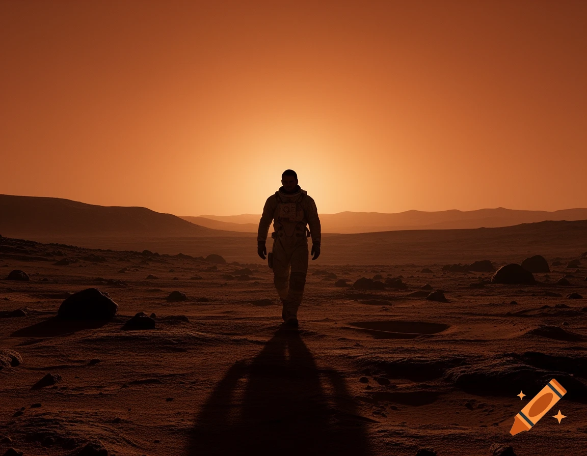 A lone astronaut in a space suit walks across the rocky, red surface of ...