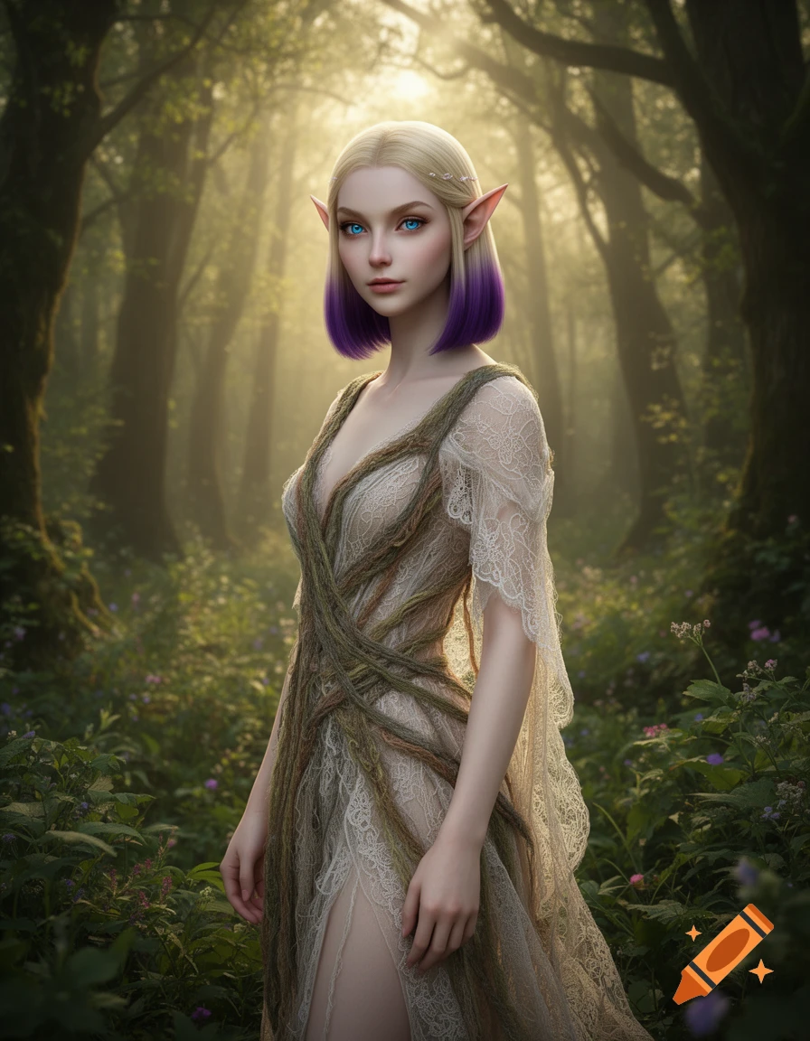 A fair-skinned elf woman with blonde hair, purple tips, and blue eyes stands in a misty, sunlit forest wearing a dress of lace and vines. Photorealistic art style.