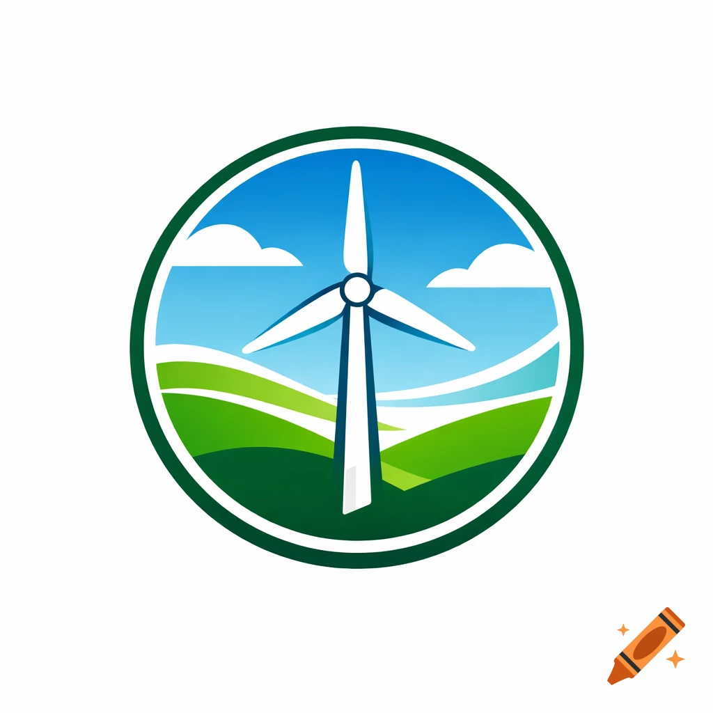 A clean, modern vector logo of a white wind turbine in a green and blue landscape, enclosed in a circular badge.