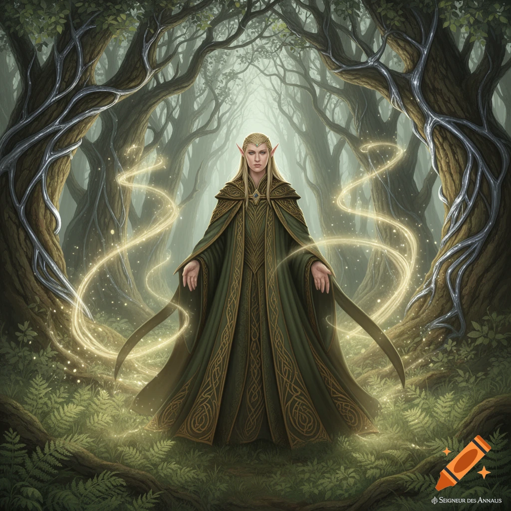 A blond elf in a green, ornate robe stands in a mystical forest, surrounded by glowing golden magical light.