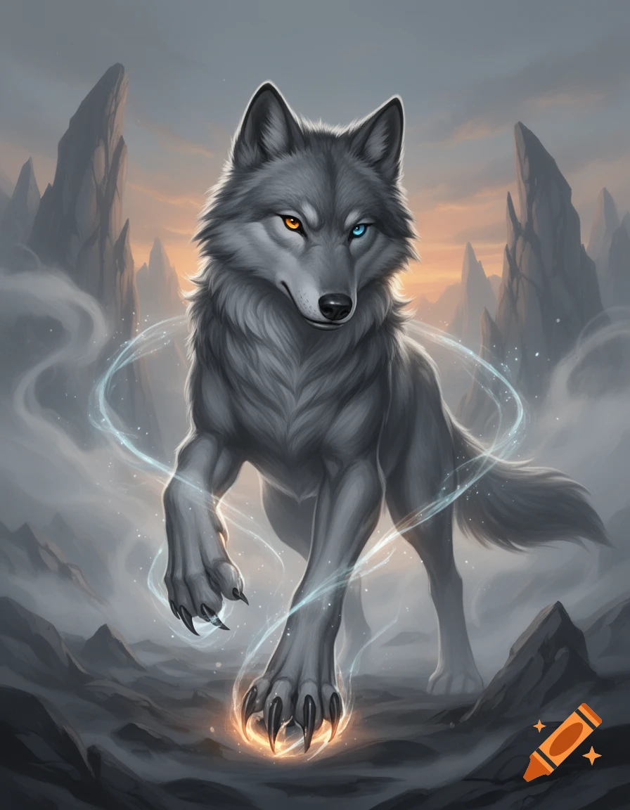 A powerful grey wolf with orange and blue eyes stands amidst misty, rocky terrain, its sharp claws glowing with mystical energy.
