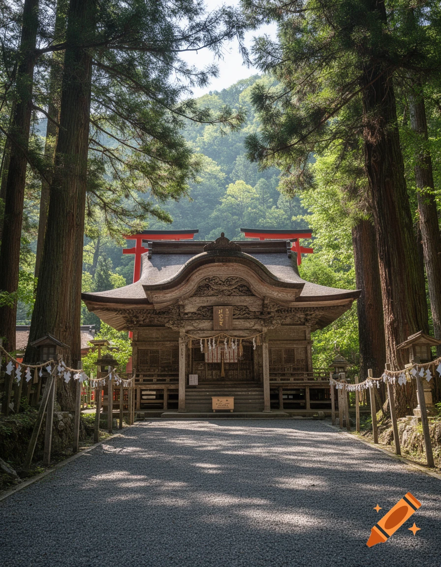 A gravel path leads through a forest of tall trees to a traditional Japanese Shinto shrine with a red torii gate.