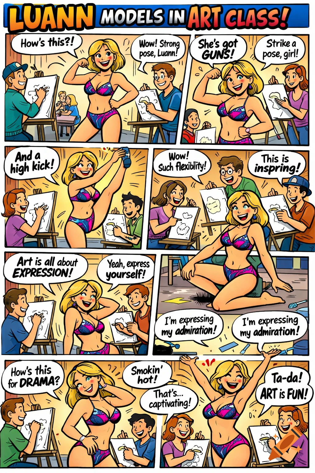 A colorful comic strip shows a blonde woman in a bikini modeling for an art class, striking various poses as students draw her.