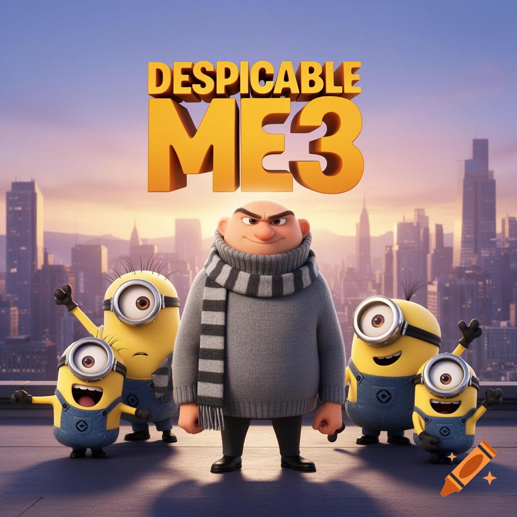 Gru and four Minions stand on a rooftop against a sunset city skyline, with 'DESPICABLE ME3' text overhead in a 3D animated style.