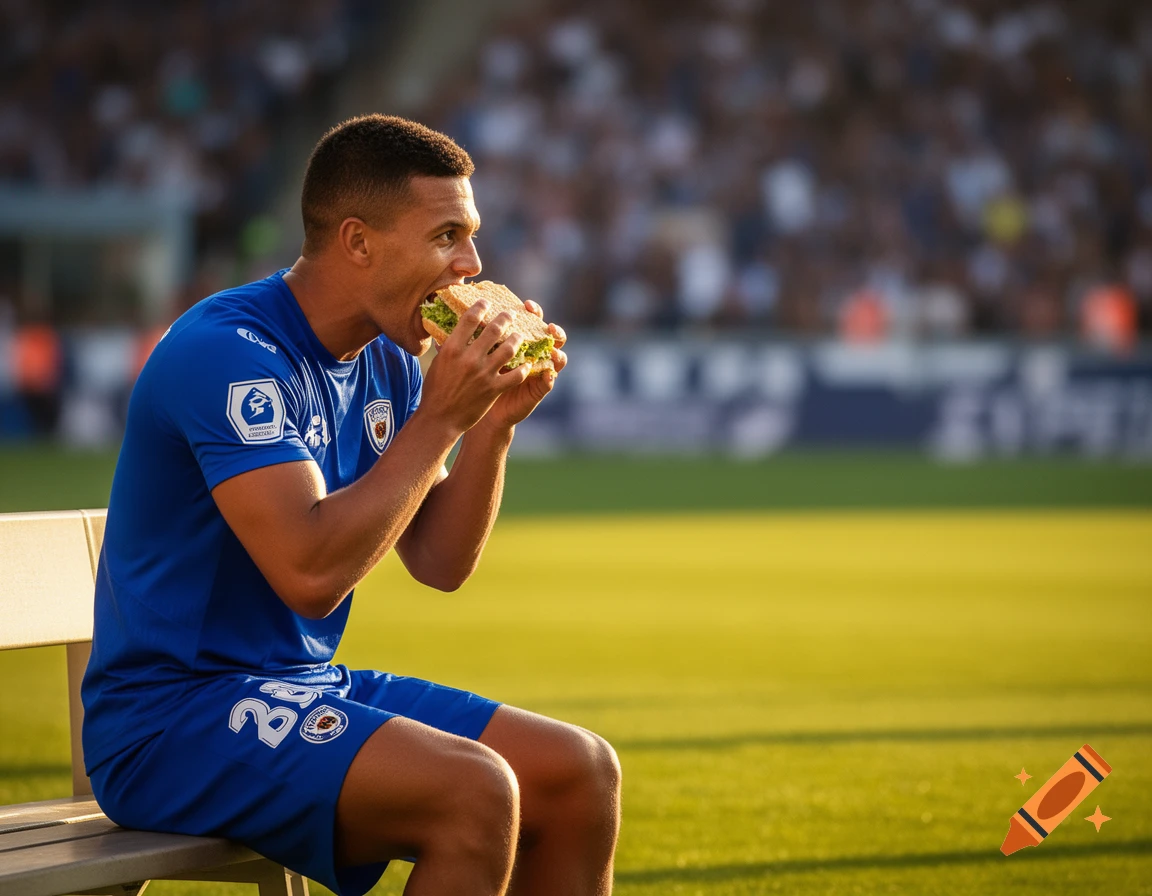 A football player in a blue uniform sits on a bench on a sunny field, taking a large bite out of a sandwich.