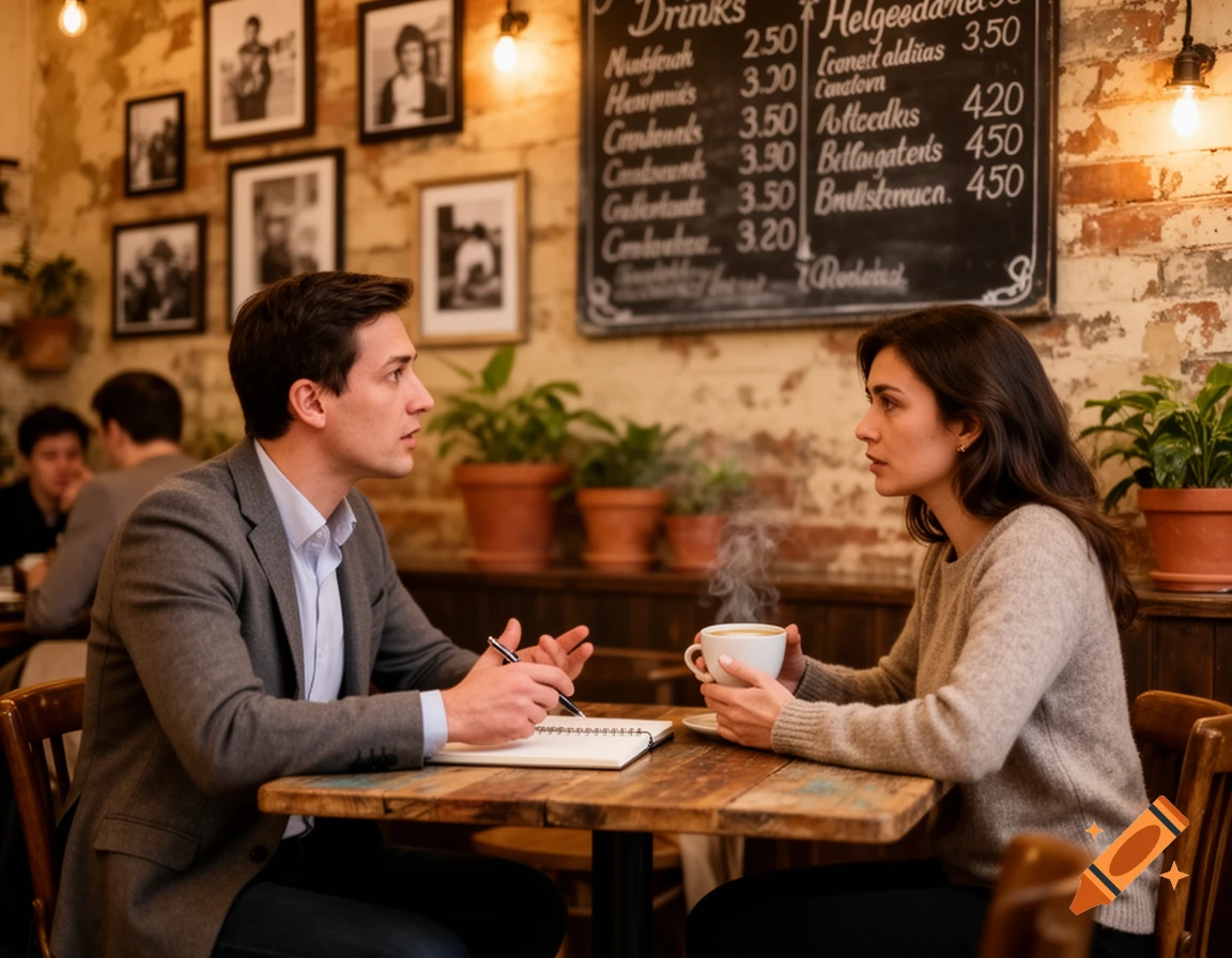 A man and a woman conversing at a wooden table in a cozy cafe, he gestures while holding a pen and she sips coffee.