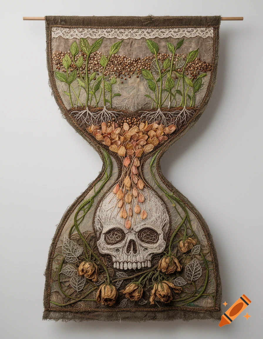 An hourglass-shaped textile wall hanging, with young plants and roots at the top, and a skull with wilted flowers at the bottom.