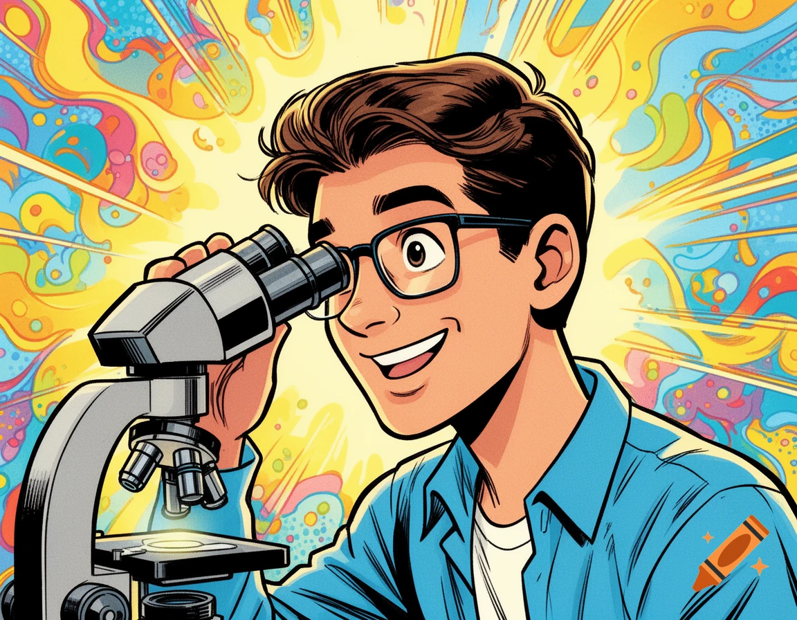 A smiling student with glasses looks through a binocular microscope in ...
