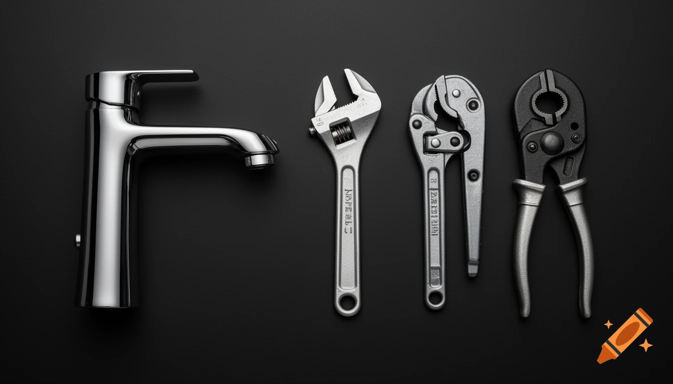 A top-down view of a shiny chrome faucet, an adjustable wrench, a pipe wrench, and pliers arranged on a dark background.