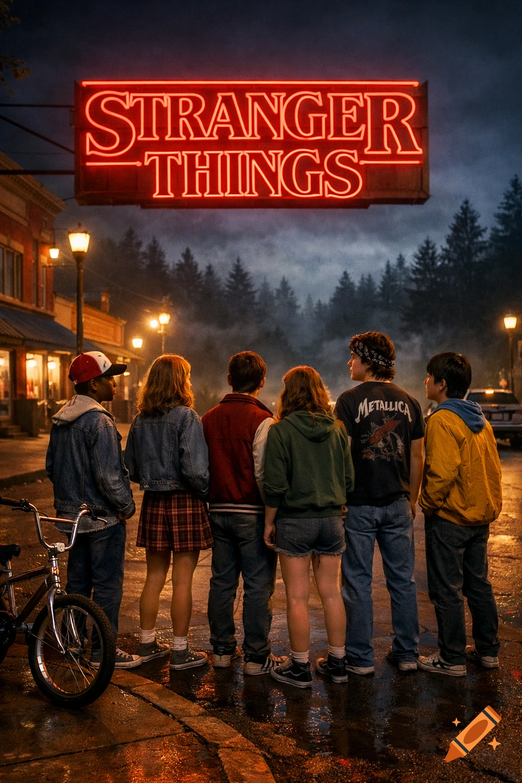 A group of young people seen from behind, standing on a wet street at ...