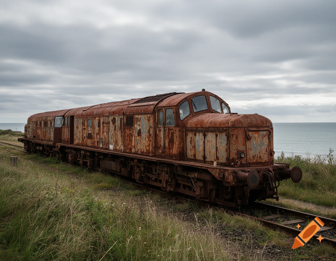 A very rusty, abandoned electric locomotive on a track by the sea under a cloudy sky, photorealistic.
