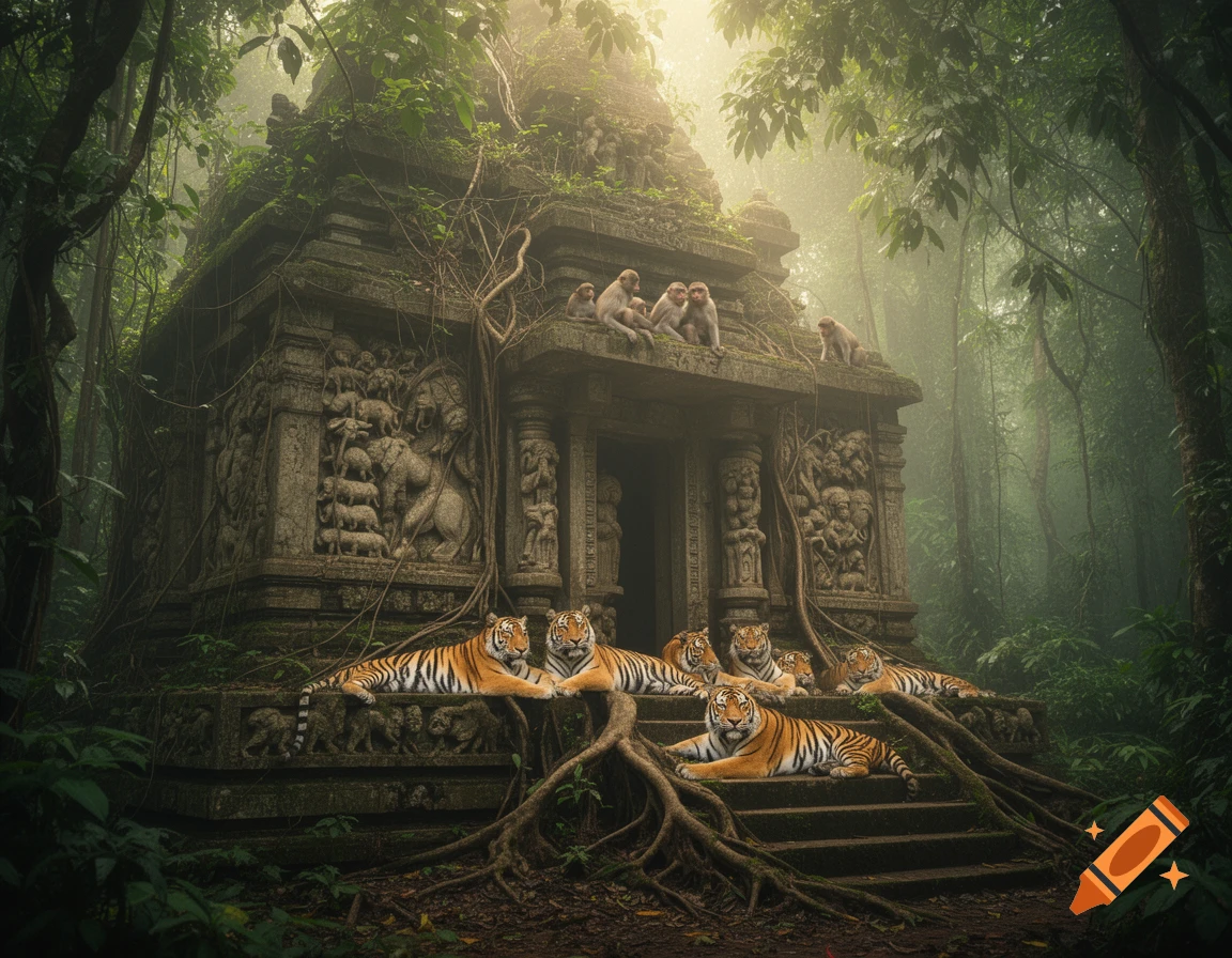 Ancient jungle temple with bas reliefs, covered in roots and mist. Tigers lounge on steps, monkeys on the roof.