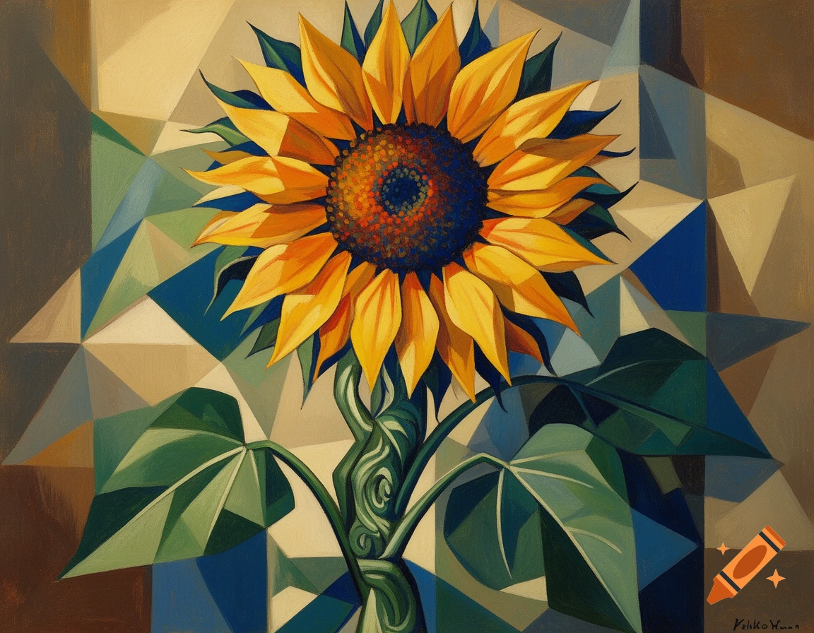 A cubist painting of a vibrant sunflower with yellow petals and green leaves against a geometric background of beige, brown, and blue triangles.