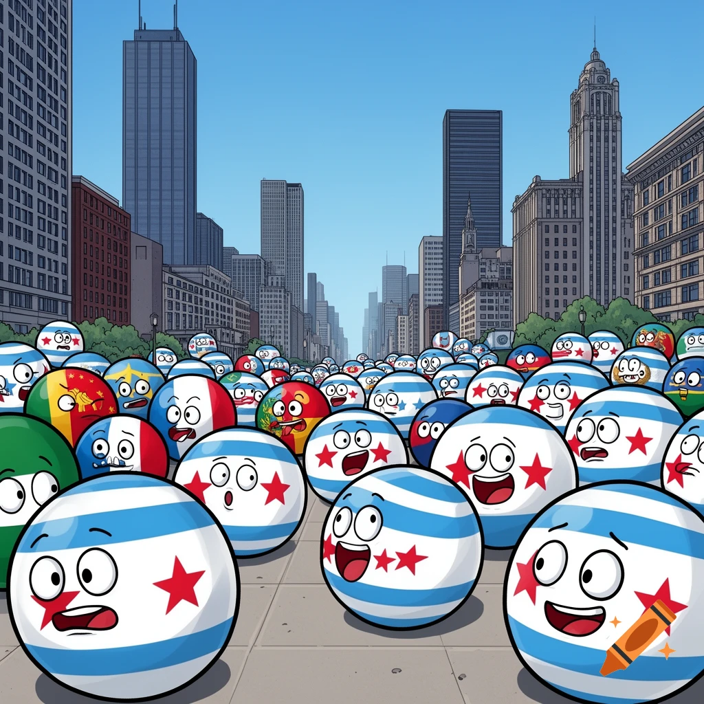 Cartoon countryballs with various flag designs, including the Chicago flag, on a city street with tall buildings.