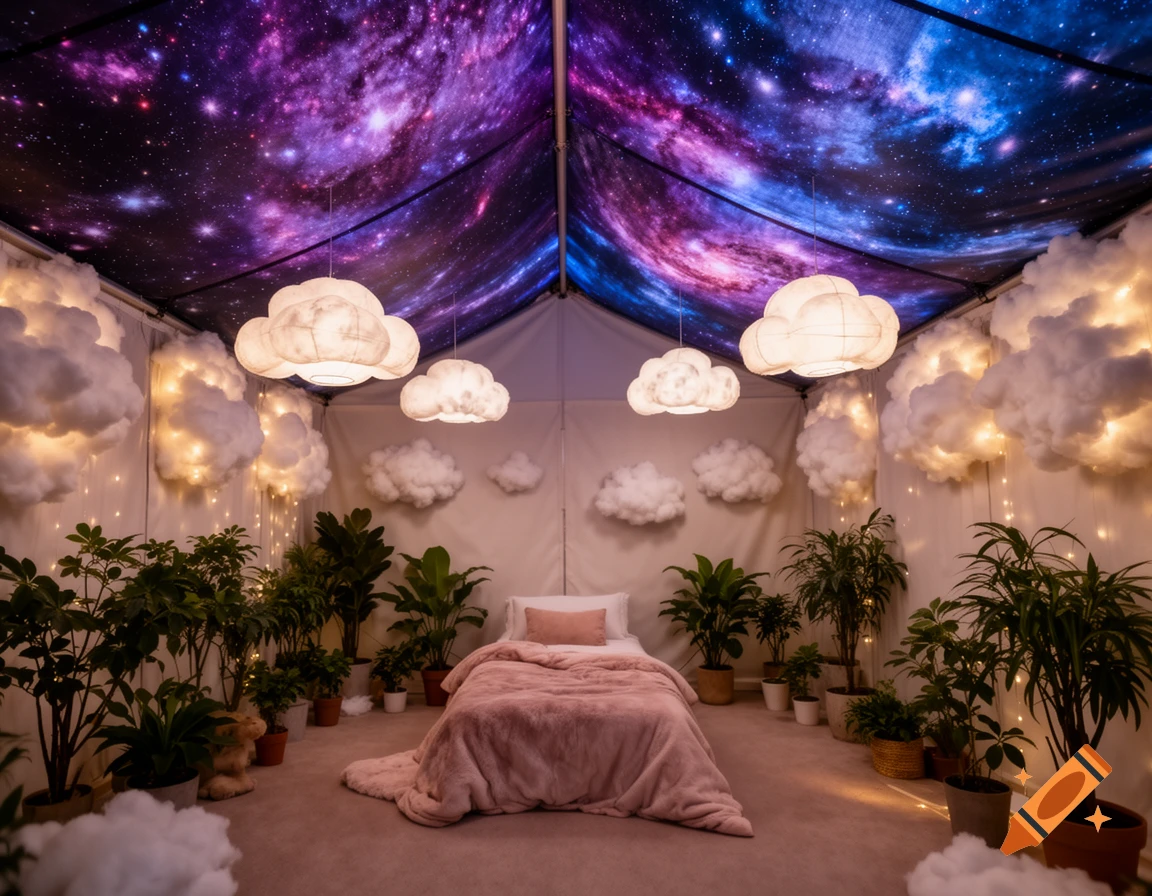 A cozy tented bedroom with a galaxy ceiling, cloud lanterns, a pink bed, and many potted plants.