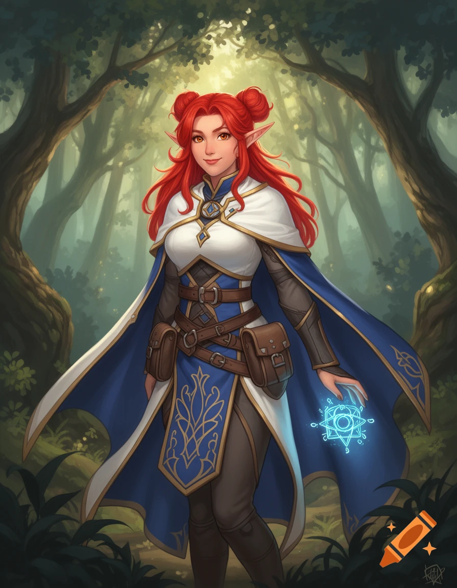 Full-body illustration of a red-haired elf mage in a white and blue cloak, casting a spell in a mystical forest.