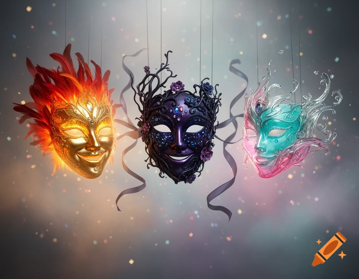Three decorative, luminous masks floating in air. One golden with red feathers, one dark with purple flowers, one translucent turquoise and pink. Confetti background.