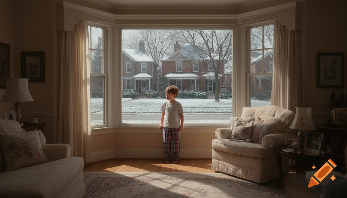 A young boy in pajamas stands by a bay window in a cozy living room, looking out at a snowy suburban street with houses.