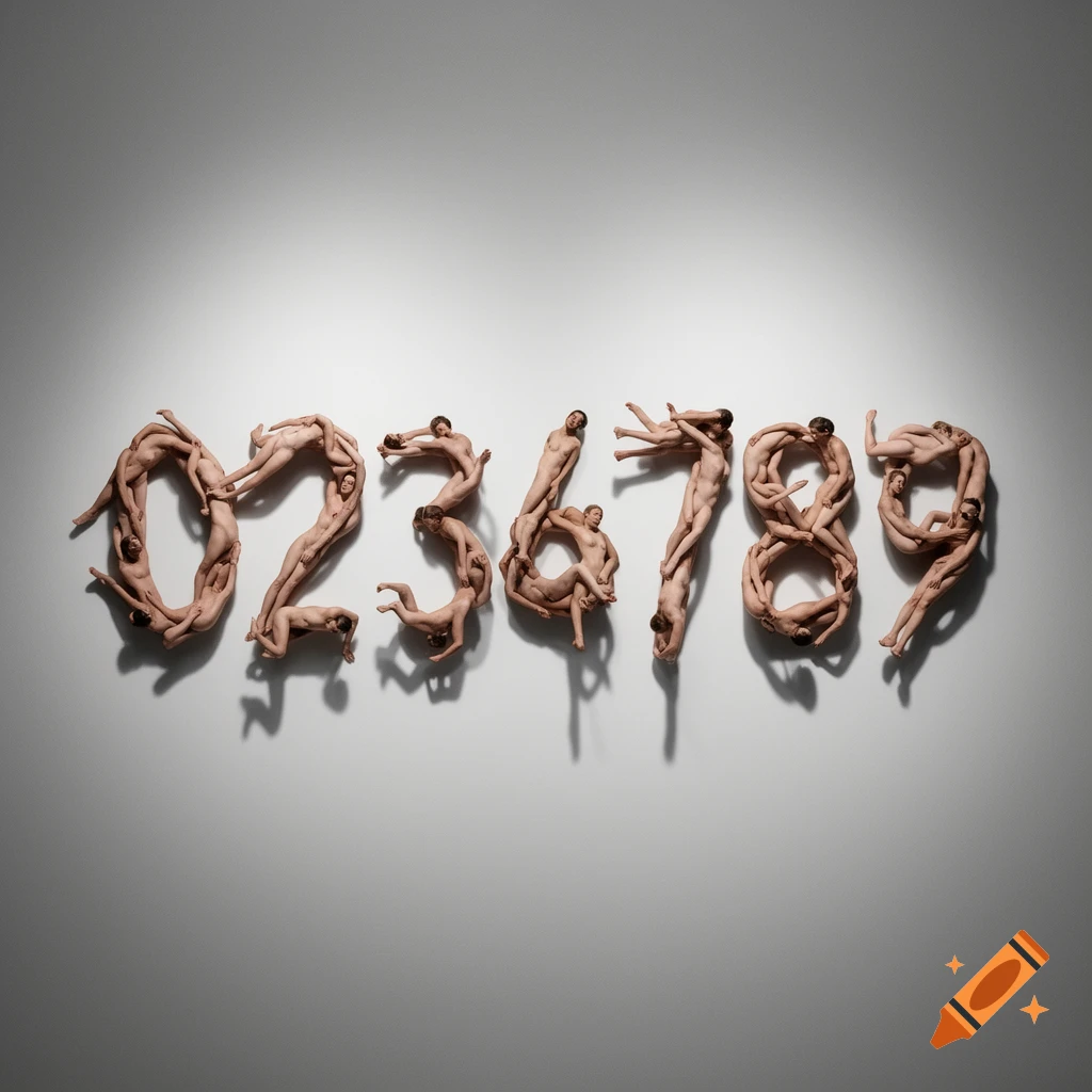 Artistic photograph of naked human bodies arranged to form the numbers 0, 2, 3, 4, 7, 8, and 9 on a white background.