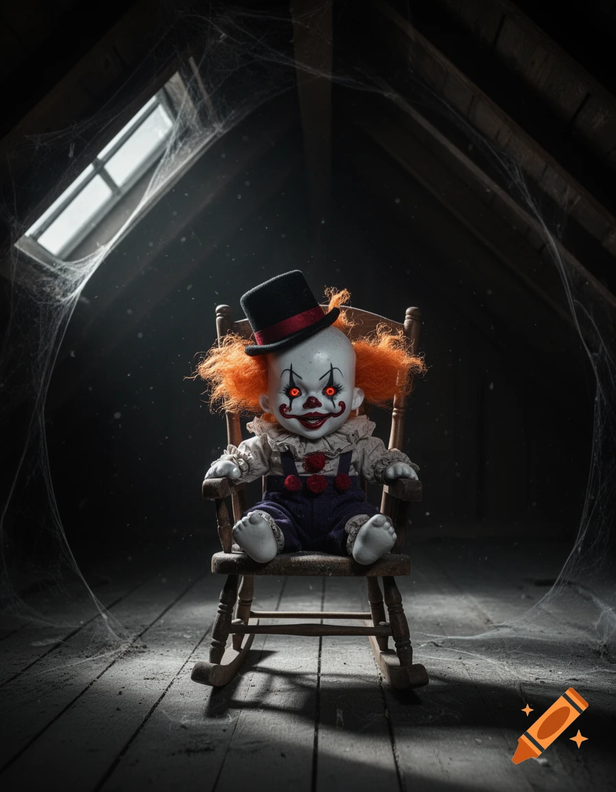 A creepy clown doll with glowing red eyes and orange hair sits in a rocking chair in a dark, cobweb-filled attic, lit by a window.