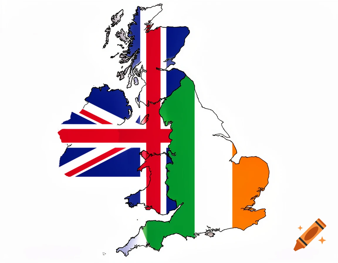 A map of the United Kingdom filled with the Union Jack flag and the Republic of Ireland filled with the Irish tricolour flag.
