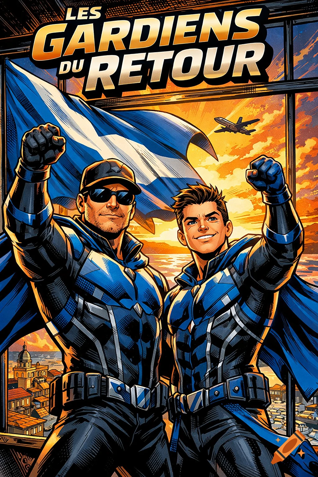 Two muscular superheroes in blue suits and capes raise fists, a blue and white flag behind them. A city skyline and sunset are visible through a window. Comic book art with title 'LES GARDIENS DU RETOUR'.