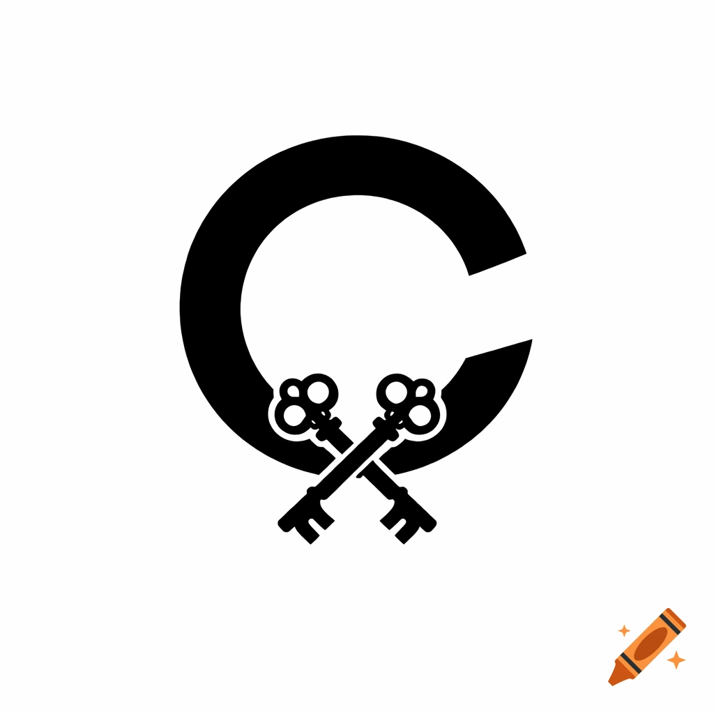 Minimalist black and white logo with a stylized capital C open at the bottom, with two crossed antique keys.
