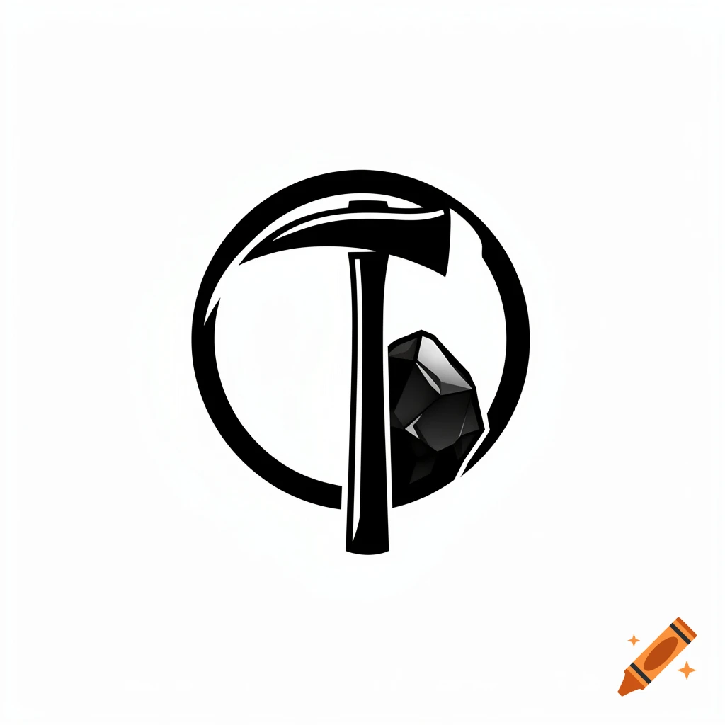 A black and white logo featuring a pickaxe and a piece of coal inside a circular outline on a white background.