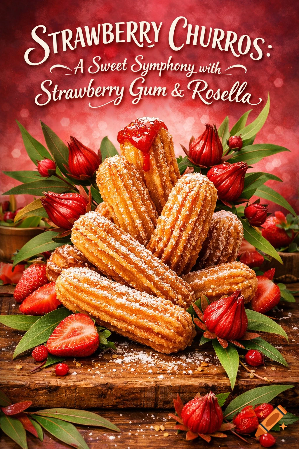 A vibrant poster showcases powdered sugar-dusted strawberry churros with red sauce, strawberries, green leaves, and red rosella flowers.
