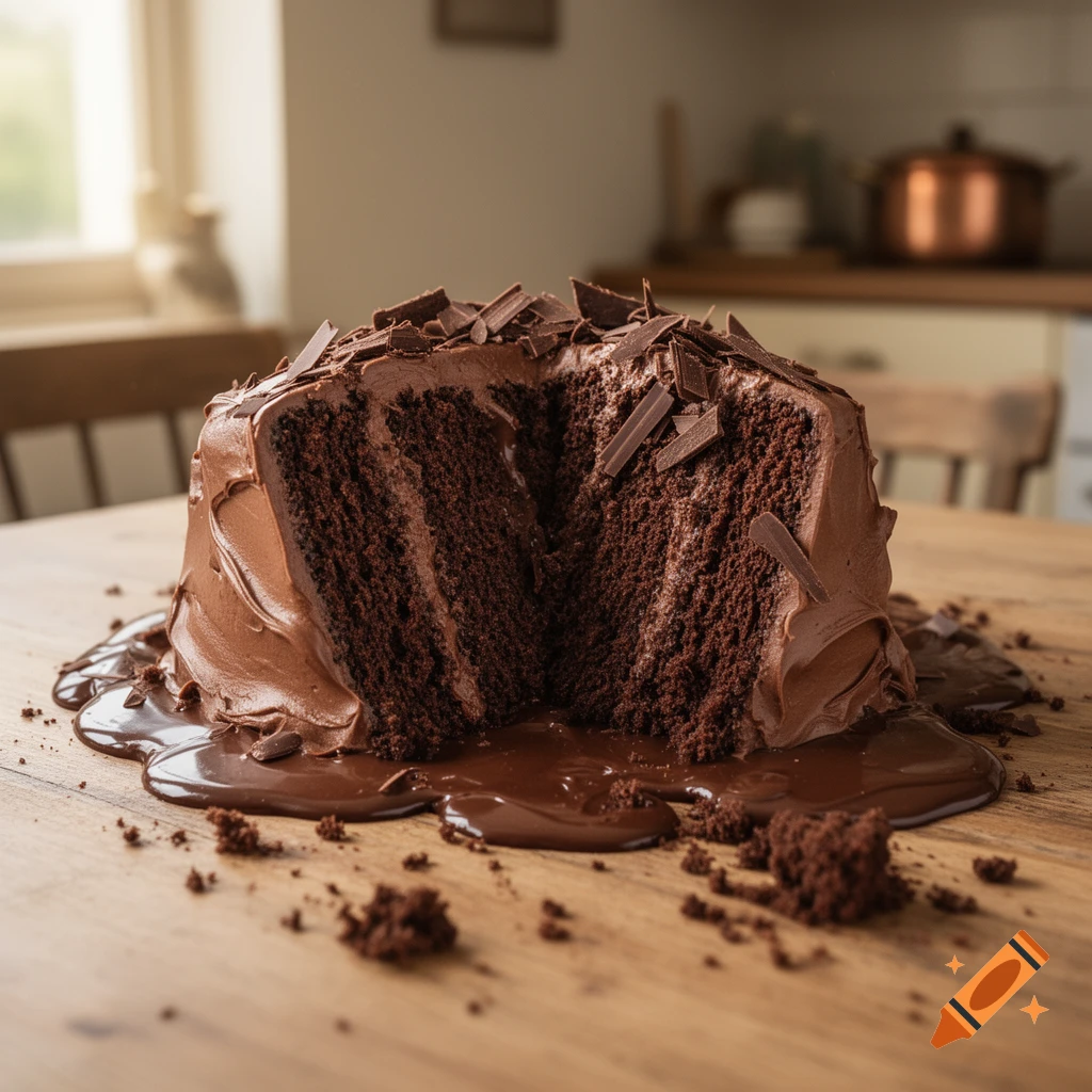 A rich chocolate cake with a slice removed, covered in smooth frosting and chocolate shavings, with melted chocolate pooling on a wooden table.