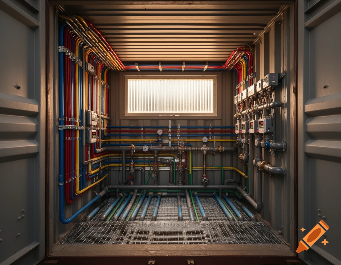 Interior of a shipping container featuring colorful electrical conduits and water pipes, meters, and a window.